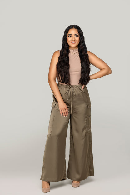 Olive You Satin Cargo Pants