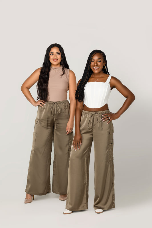 Olive You Satin Cargo Pants