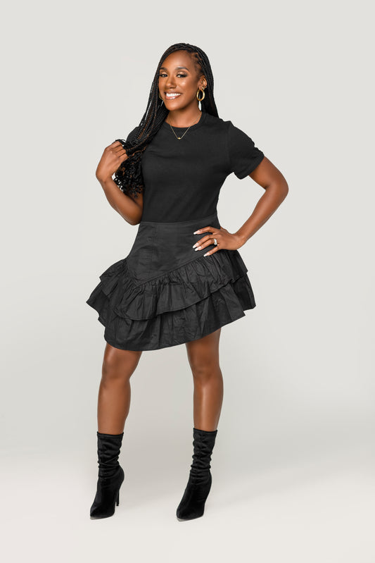 Two Texture Asymmetrical Black Flirty Dress